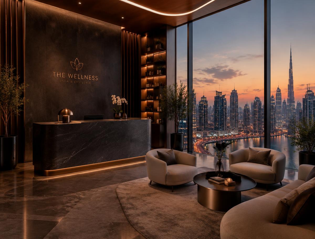 Reception lounge with Business Bay skyline view at Saigon Venus Vip Spa