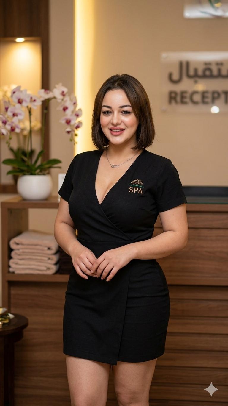 Woman in a black spa uniform at a warmly lit reception desk with orchids and folded towels