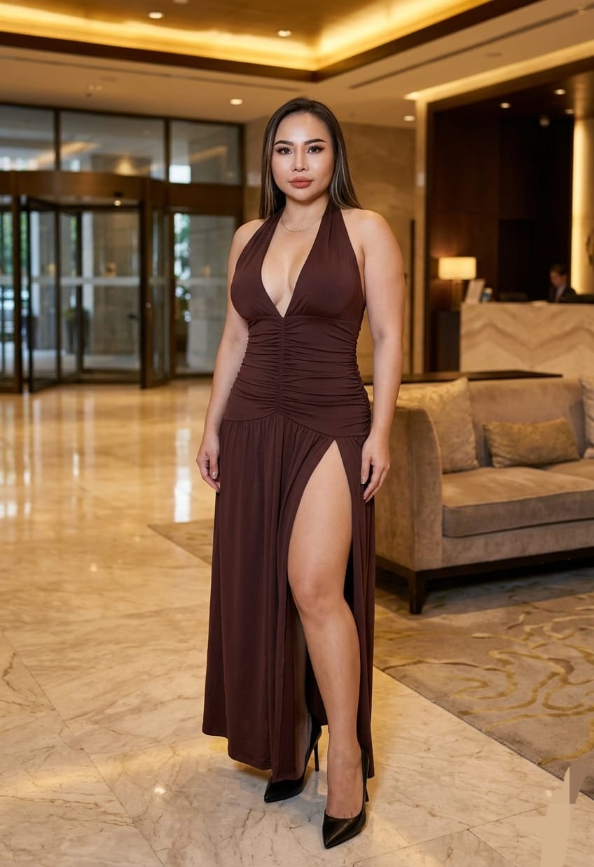 Woman in a brown dress standing in an upscale lobby