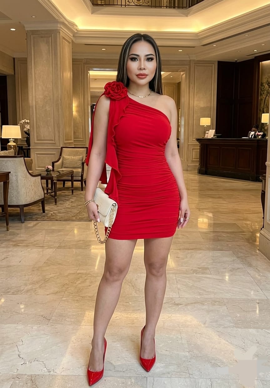 Woman in a red dress posing in an elegant lobby