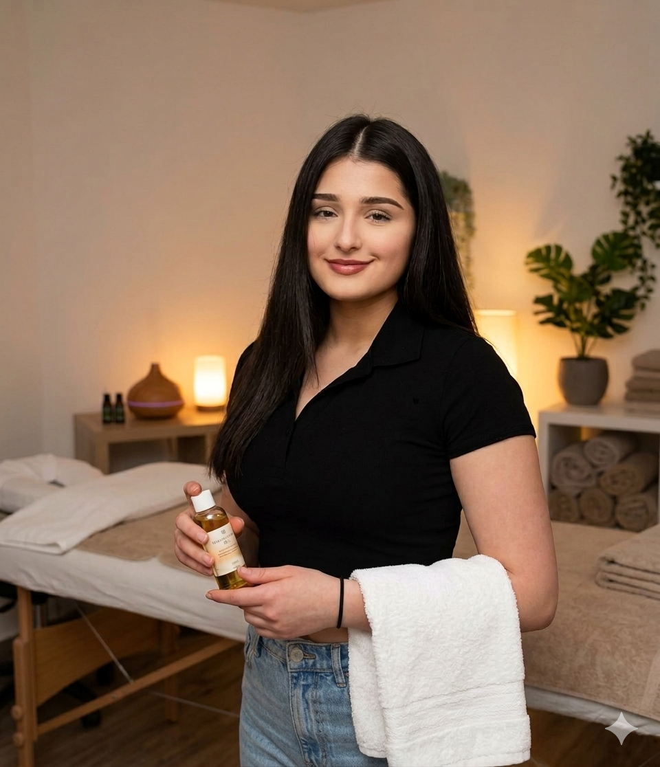 Spa professional holding massage oil and a fresh towel in a peaceful treatment room