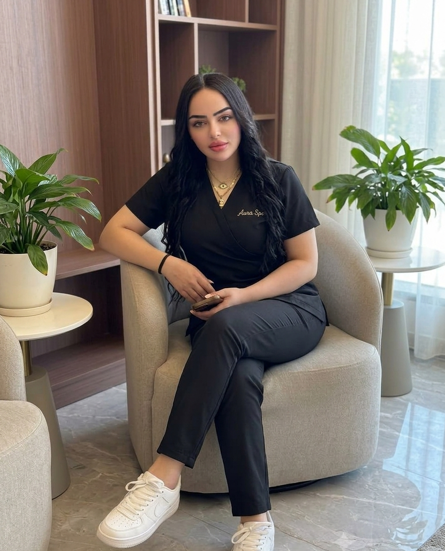 Spa professional seated in a bright wellness reception area